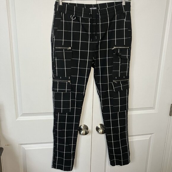 Hot Topic Black & White Grid Cargo Jogger Pants Mens L Plaid Punk Goth - Picture 2 of 10
